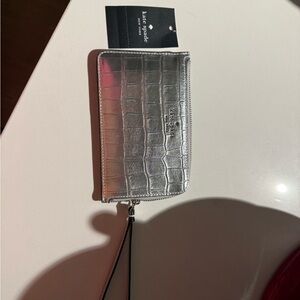 Kate Spade Metallic Silver Croc-Embossed Wristlet